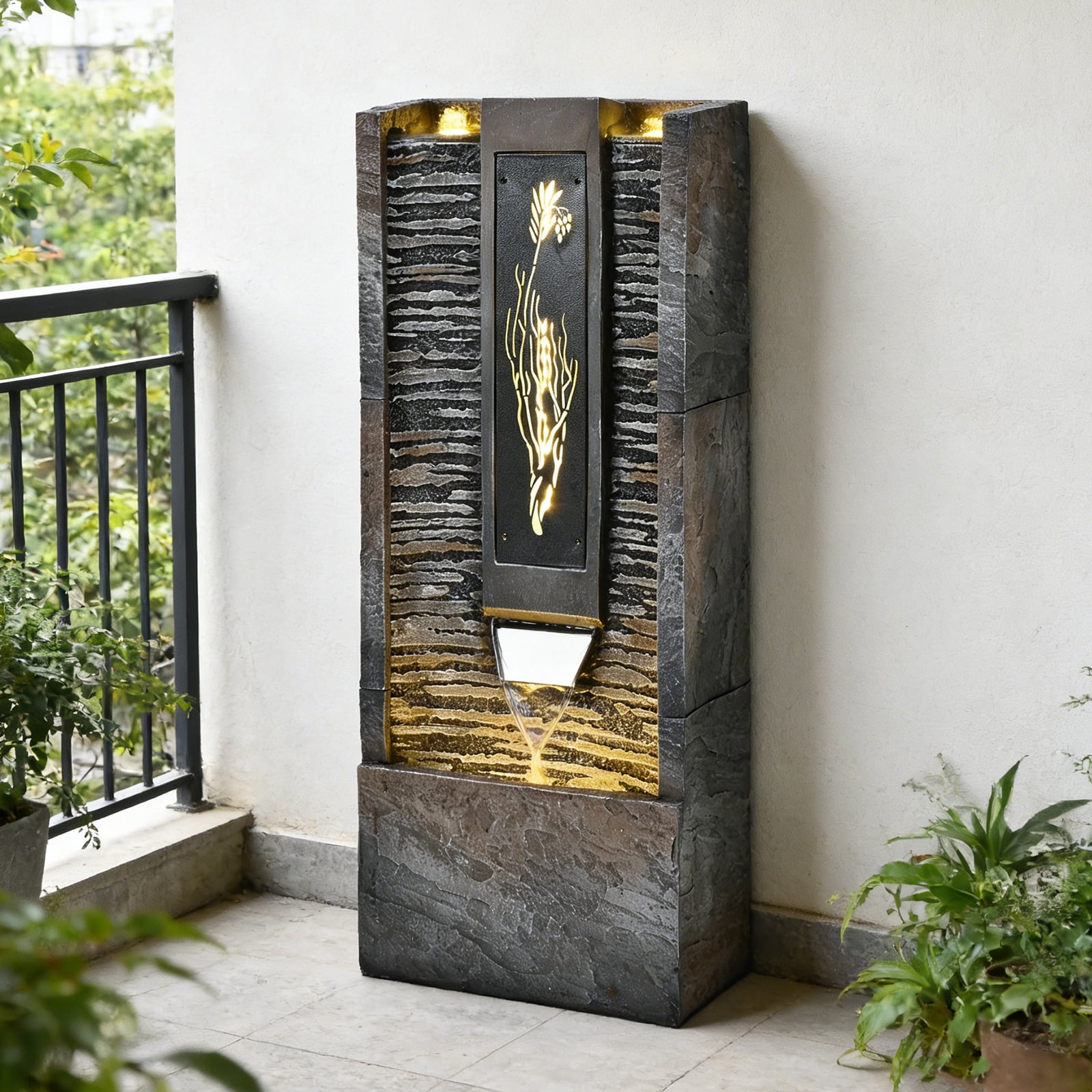 39in.Modern Outdoor Fountain ,Resin Water Feature, Indoor Outdoor Garden Waterfall Fountain
