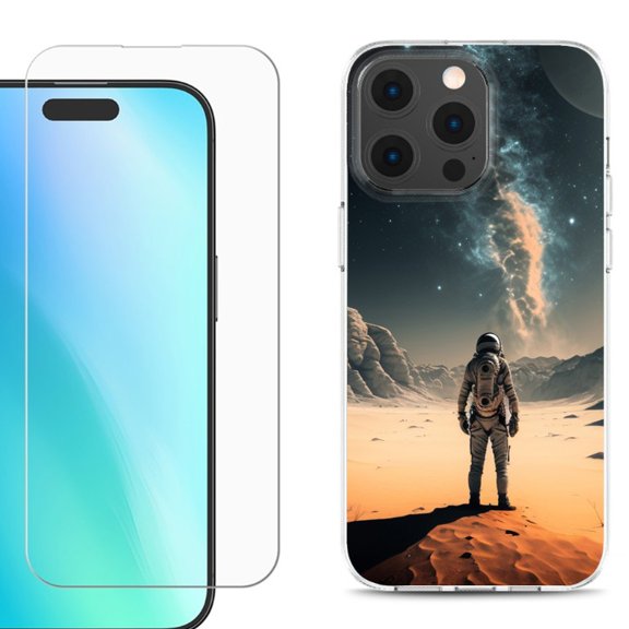 For iPhone 16 Pro Phone Case Cover, Shockproof Case with Tempered Glass Screen Protector, by OneToughShield - Astronaut Milkyway