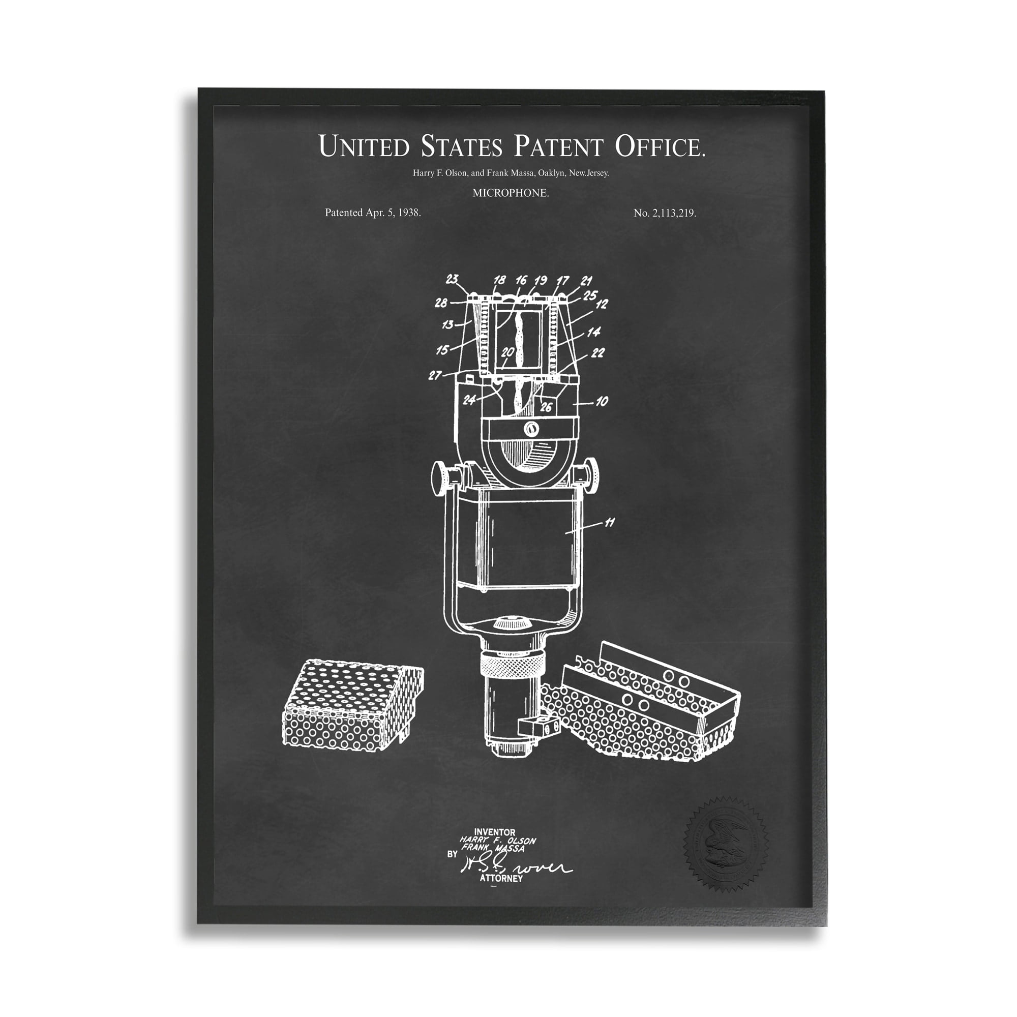 Stupell Industries Black Microphone Diagram Detailed Patent Design Framed Wall Art, 16 x 20, Design by Karl Hronek