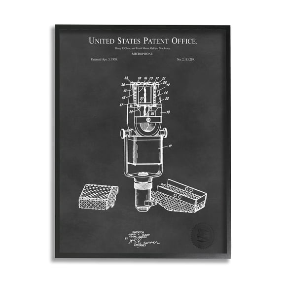 Stupell Industries Black Microphone Diagram Detailed Patent Design Framed Wall Art, 24 x 30, Design by Karl Hronek