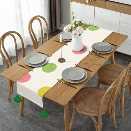 

Bright Colorful Polka Dots Table Runner Imitation Linen Table Runner With Green Tassels For Party And Dining Room 14 x 60