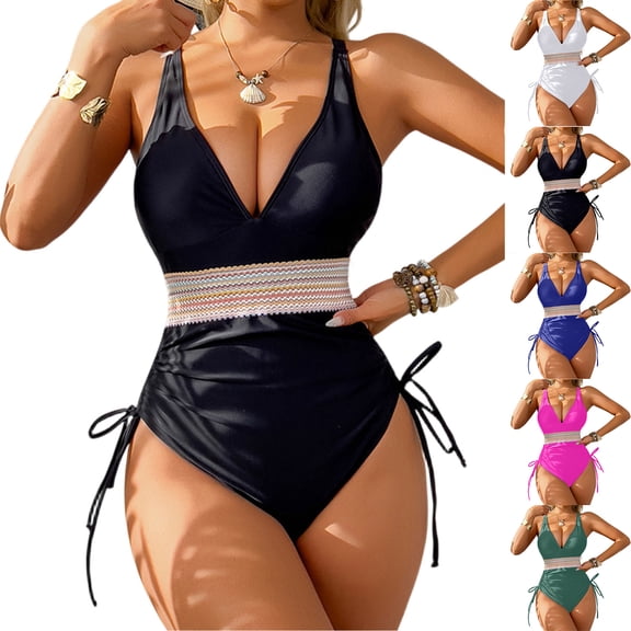 Women Tummy Control Swimsuits One Piece Slimming Modest Bathing Suit Color Block Drawstring Swim Suits Blue S