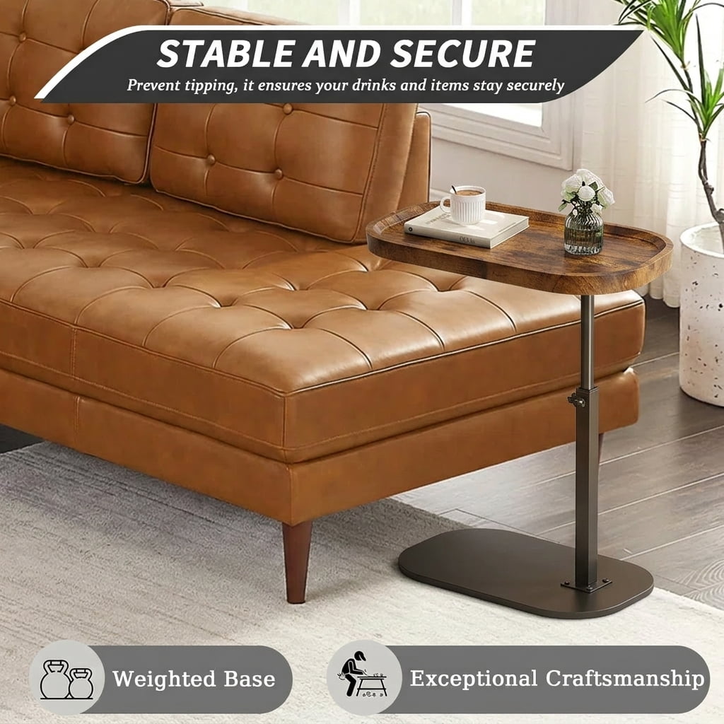 Liyufly C-Shaped End Table, 360° Rotating Adjustable Height Couch Side Tables for Sofa / Bed / Bathtub, Brown-Concave