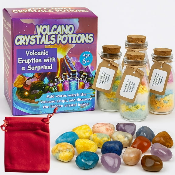 Volcano Crystal Bath Bomb Potions Kit – 4 Fizzing Volcano Tubes with Hidden Gemstones – STEM Toy for Kids – Collect All 40 Crystals