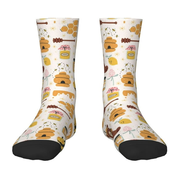 Wukai Cute Bee Honey Jar Hive Bear for Children's Mid-tube Socks, Elastic Contrast Color Sports Socks, Suitable for Boys and Girls Aged 6-10