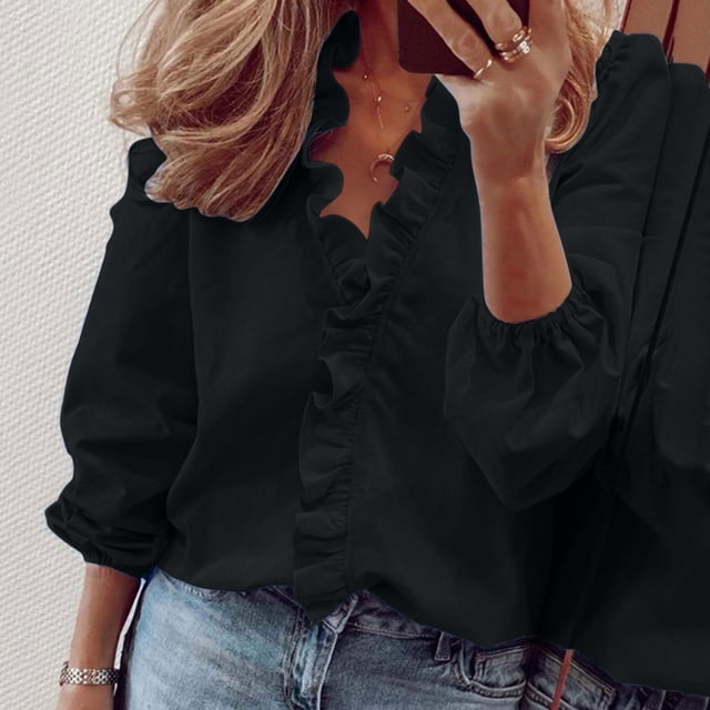 Pntutb Mujer Casual Color Sólido Volantes Cuello Manga Larga Volantes Camisa Blusa Cuello V Manga Corta Camisa tops Pntutb Pntutb-4718
