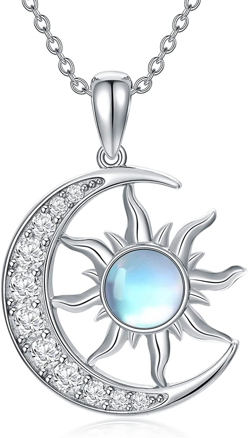 Moon and Sun Necklace 925 Sterling Silver Moonstone Pendant Necklaces