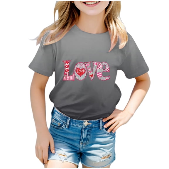 Gerichy Girls Graphic Print T-Shirt Girls Valentines Day Shirts Fashion Valentines Day Cute Valentines Printed Short Sleeve Crewneck Summer Tops