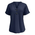 thumbnail image 3 of Pxiakgy t shirts for women Eyelet Circle Solid Color V Neck Buttoned Loose Short Sleeve T Shirt Top Women's womens t shirts womens tops Navy + XXL, 3 of 7