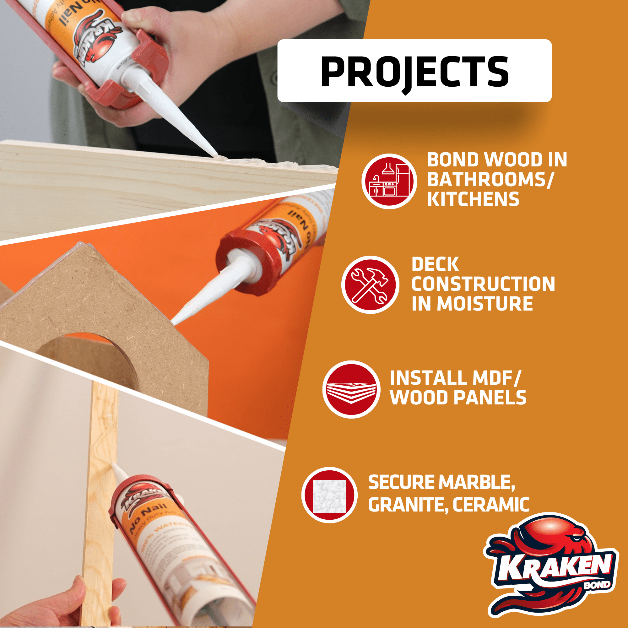 Kraken Bond Ultra Grab No Nail Heavy Duty Polyurethane Adhesive - Clear, 10.1 fl oz-12 Pack