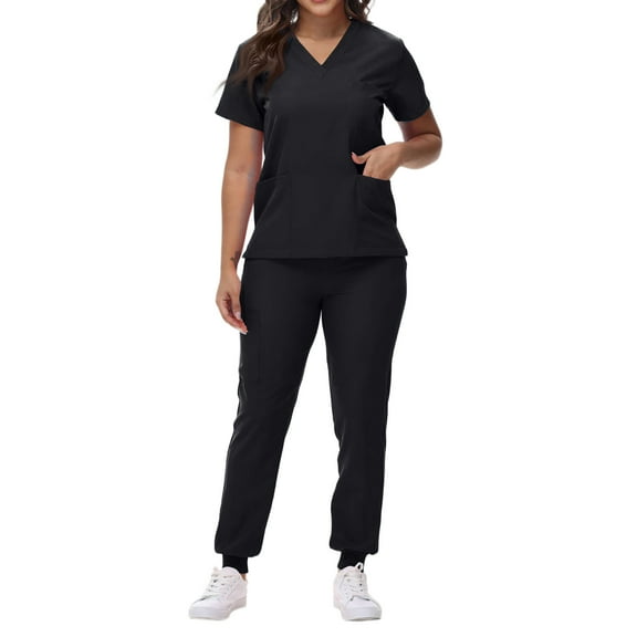 Womens Petite Scrub Sets Comfortable V-Neck Scrub Top & Jogger Pant Quick Dry Nursing Scrubs Set Stretch Medical Uniform with Pockets Black M