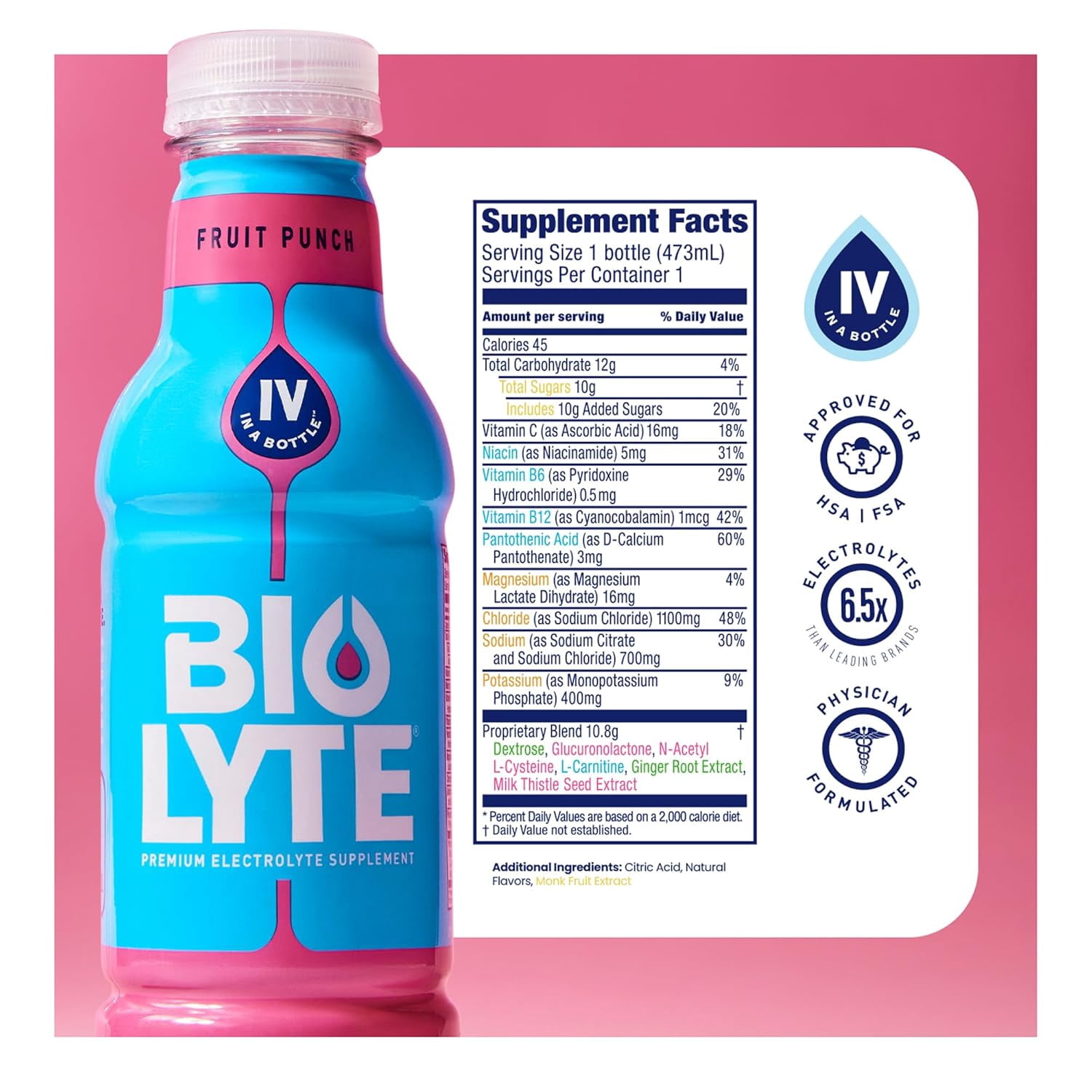 BIOLYTE Electrolyte Drink Chemotherapy Must Haves for Women & Men, Rehydration IV Liquid in a Bottle - Fruit Punch, 16 Fl Oz (4 Bottle )