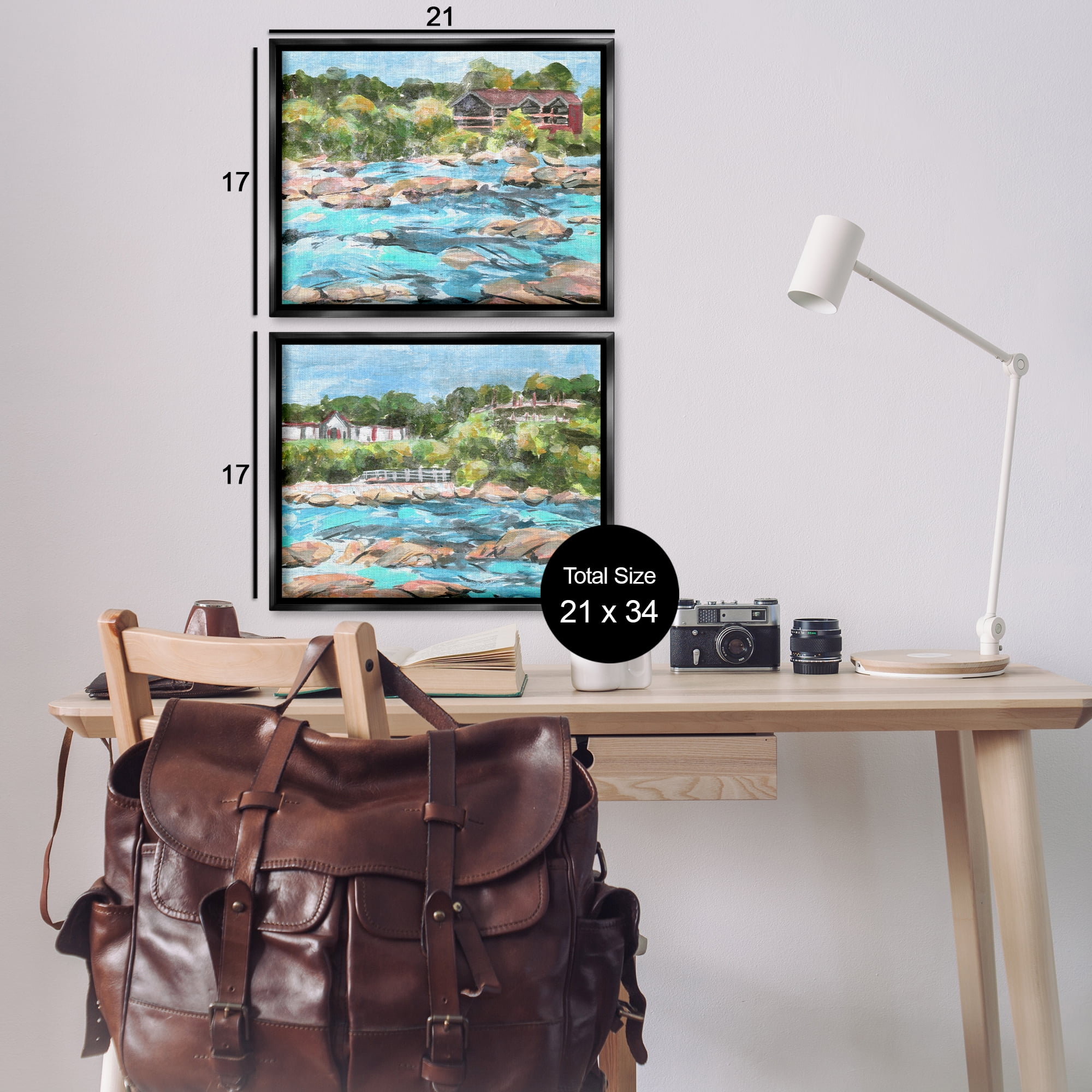 Stupell Industries Flowing River Rocks Nautical & Beach Painting Black Floater Framed Canvas Art Print Wall Art, 21 x 17, Set of 2