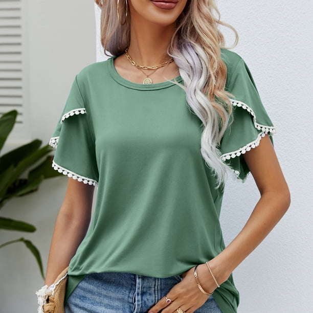 Camisa de manga corta con cuello redondo, ribete de encaje, manga de pétalo, camisa de encaje con manga de pétalo, blusa de cuello redondo con manga de pétalo, acabado de lujo