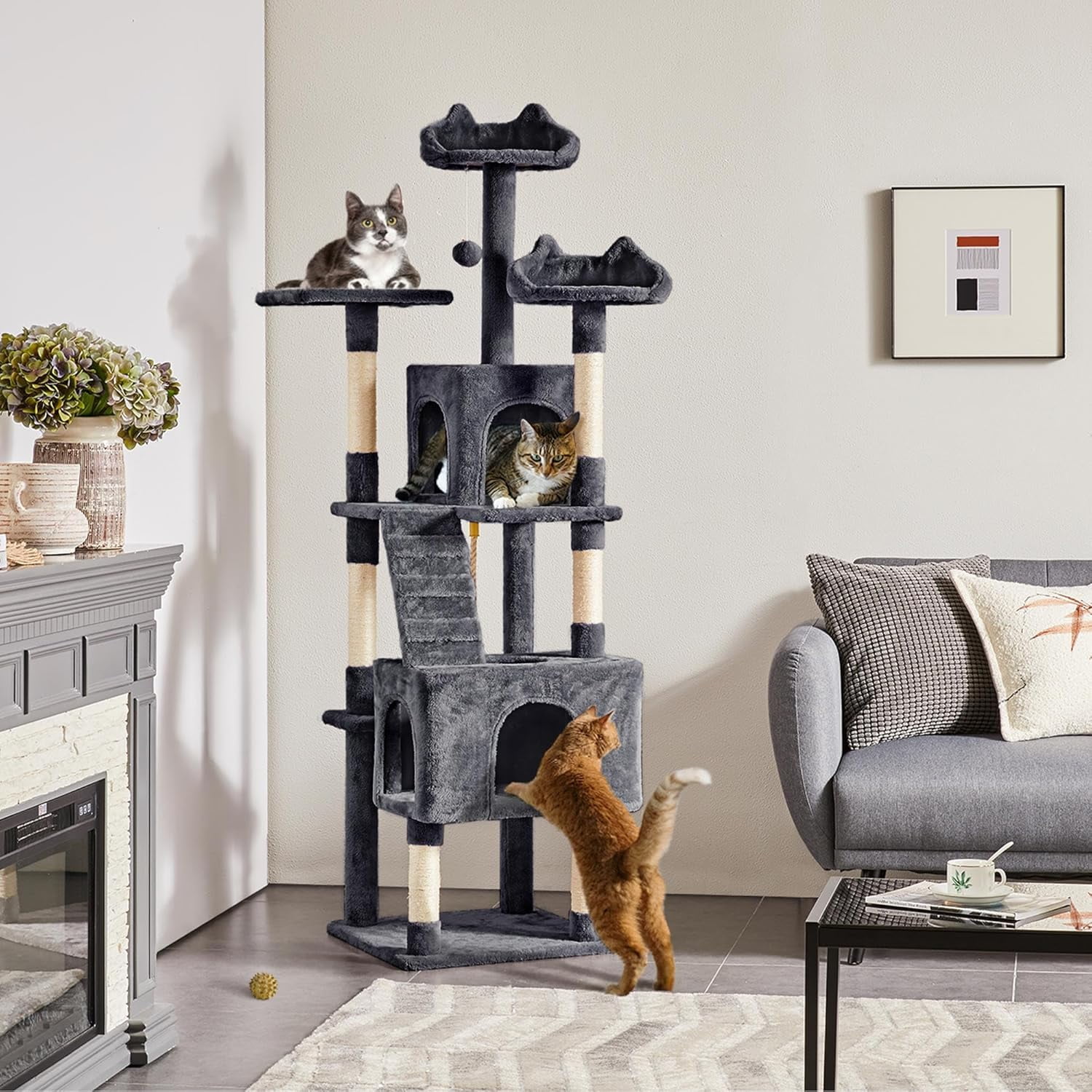 ZYPPP XL Cat Tree, 72in Multi-Level Cat Tower with 2 Cozy Caves, 3 Soft Perches, Scratching Posts, Board, and Dangling Ball, Pet Furniture Play House for Kittens/Cats, Dark Gray