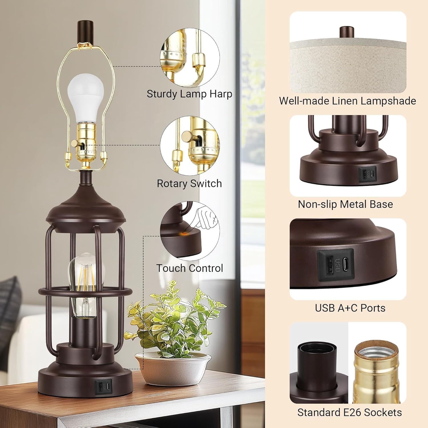 Newest Set of 2 Rustic Table Lamps with USB Ports, 3-Way Touch Control Dimmable Bedside Lamps with Dual Lighting, Farmhouse Nightstand Lamps with Included LED Bulbs
