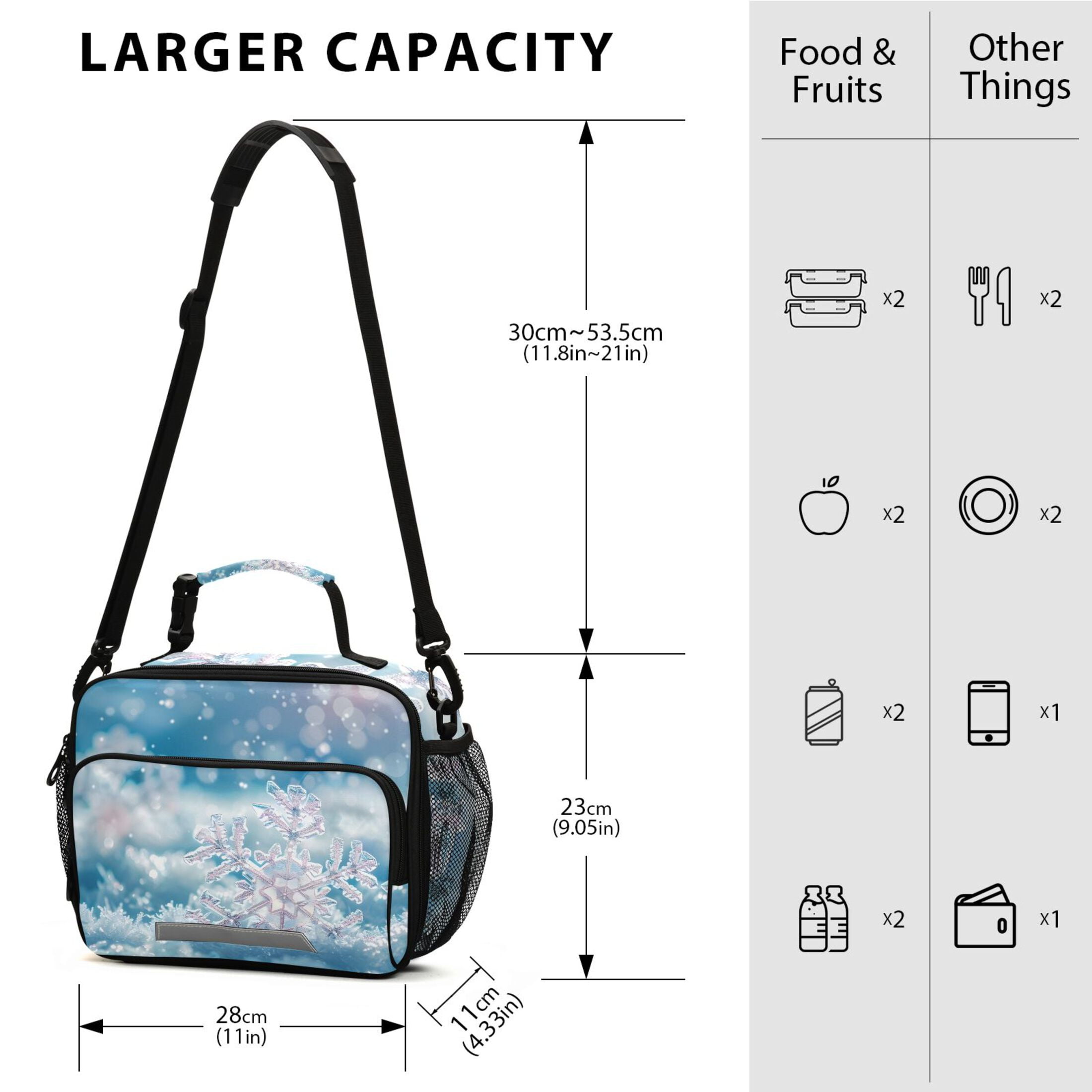 ALAZA Snowflakes Christmas Lunch Box Insulated Cooler Bag Reusable Tote Bags Shoulder Strap