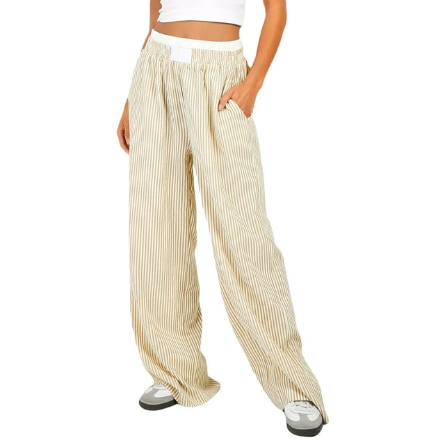 Pantalon de Détente à Jambes Larges Rayé pour Femmes, Coupe Ample à Rayures Fines, Taille Haute, Bas de Pyjama