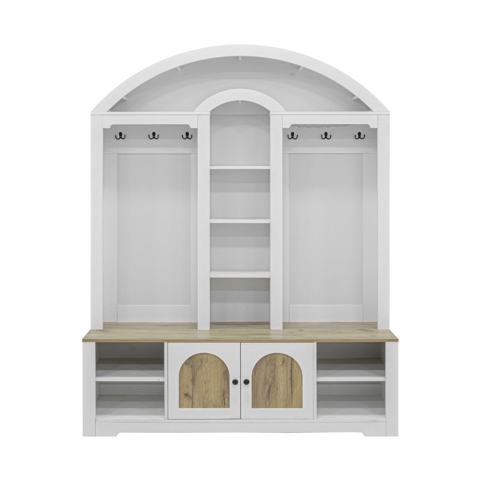 Hall Tree with Storage Bench, Entryway Wardrobe with Shoe Cabinet, Coat Hooks, Open Shelves, Modern Mudroom Organizer with Wood Door, White
