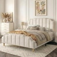 thumbnail image 2 of Queen Bed Frame Cream White Velvet, 48.8" Tall Arched Headboard and Footboard Set, Luxury Platform Bed with Gold Nailhead Trim, 6.3" Clearance for Robot, Vertical Tufted, Ivory, 2 of 9