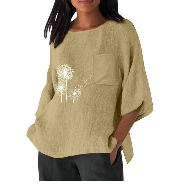 Birdeem Chemise Imitation Coton et Lin pour Femmes Manches 3/4 Col Rond T-Shirt Ample Décontracté Léger et à la Mode Haut d'Été