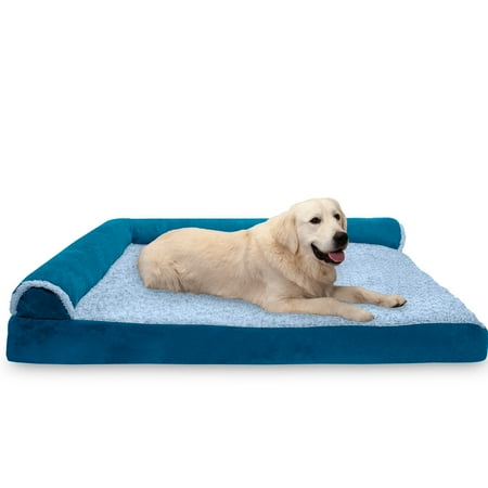UPC: 0842229123852 | FurHaven Pet Products Two-Tone Faux Fur & Suede Deluxe L-Chaise Memory Top Sofa-Style Pet Bed for Dogs & Cats – Marine Blue Jumbo Plus