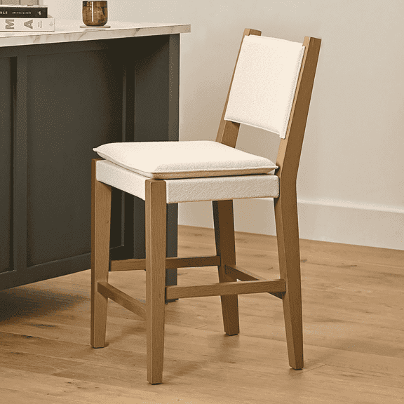 allforwood Jayden Modern Upholstered Counterstool 36", Barstool with Solid Rubberwood Legs in a Embossed Brushed Light Brown Finish, Natural Flax, Mid Century Design.