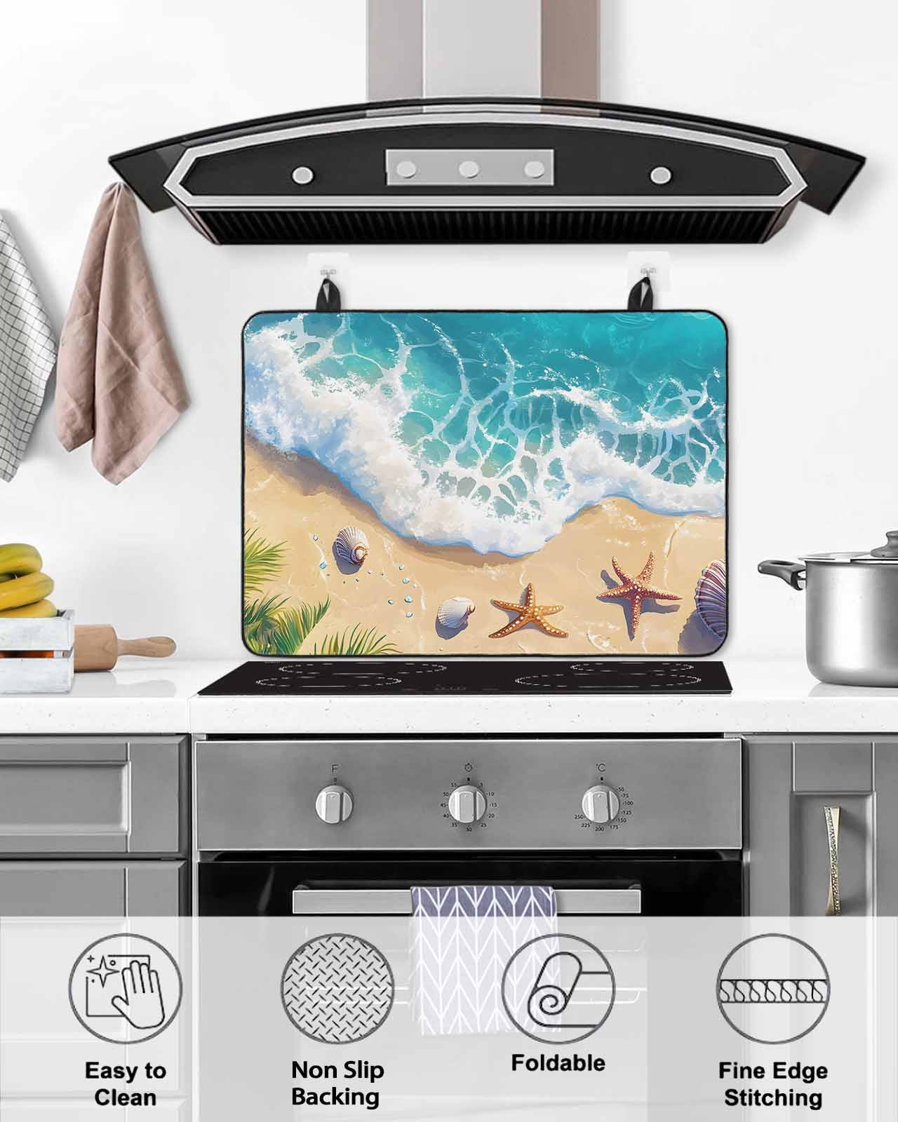 nqOlkjepod Large Induction Cooktop Protector Mat 36"x21", Beach Coastal Stove Top Covers for Electric Stove, Aqua Summer Nautical Seaside Starfish Stove Burner Cover Mats, Glass Top Stove Cover