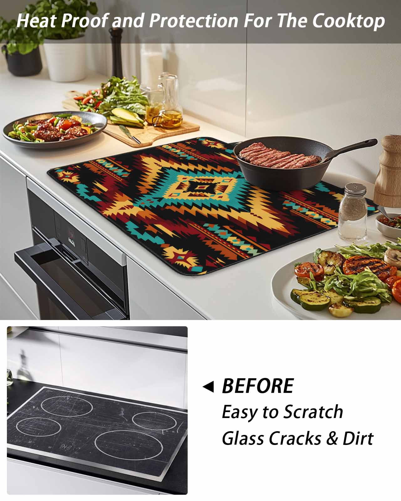 Stove Top Covers for Electric Stove, Boho Orange Teal Glass Stovetop Cover Protector, Southwestern Ethnic Abstract Geometric Induction Cooktop Protector Oven Mat for Kitchen Countertop 24"x21"