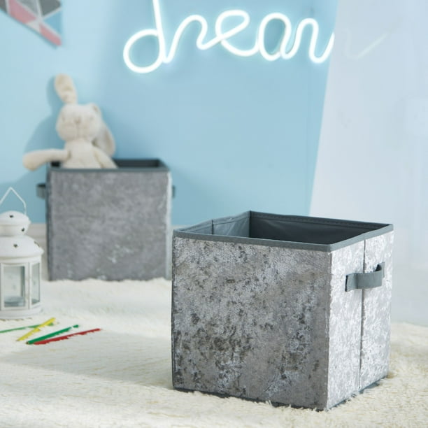 Urban Shop Crushed Velvet 2 Pack Collapsible Storage Cubes, Gray