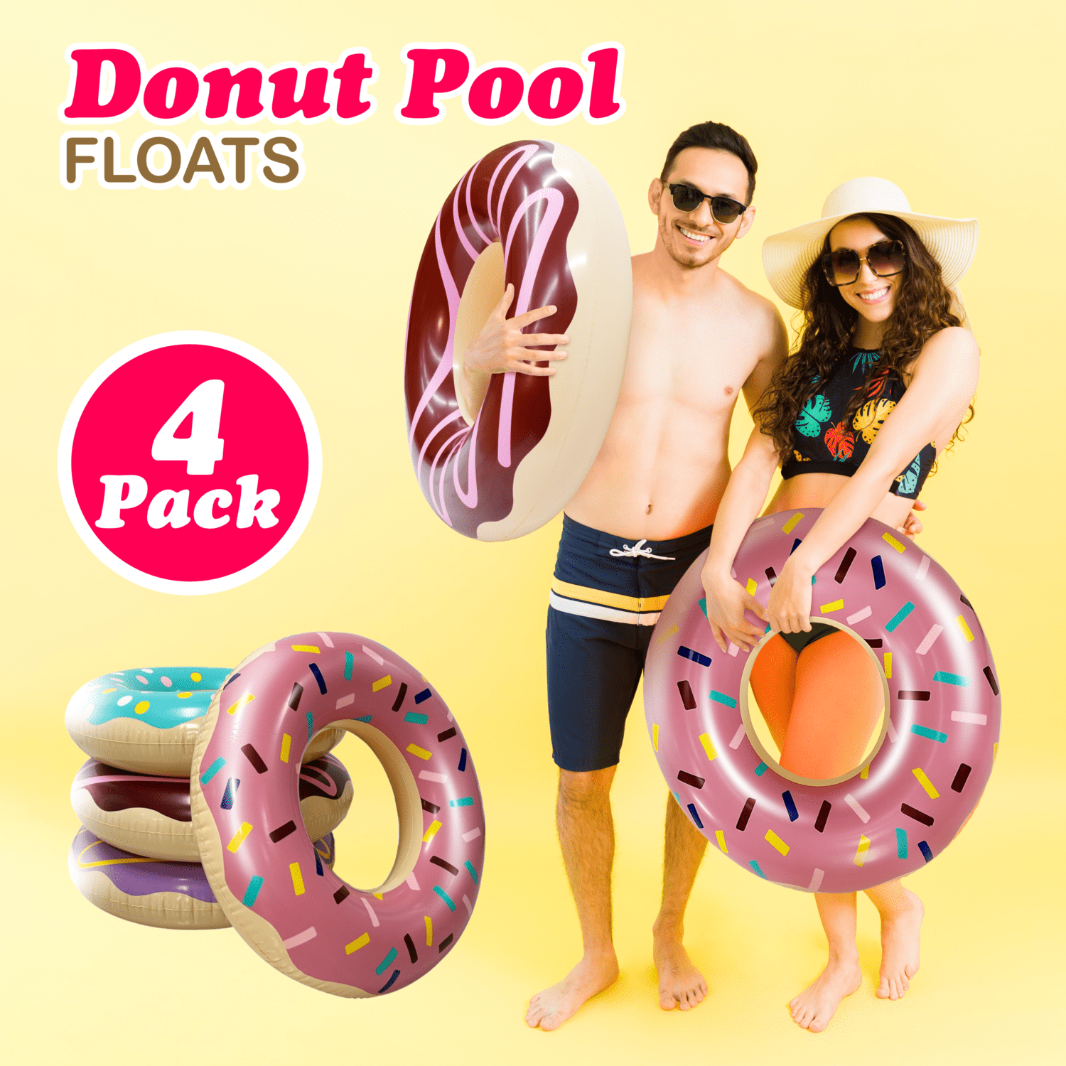 4E's Novelty 4-Pack Pool Donut Floats 30" Swim Rings For Kids & Adults, Vibrant, Durable Pool Party Floaties