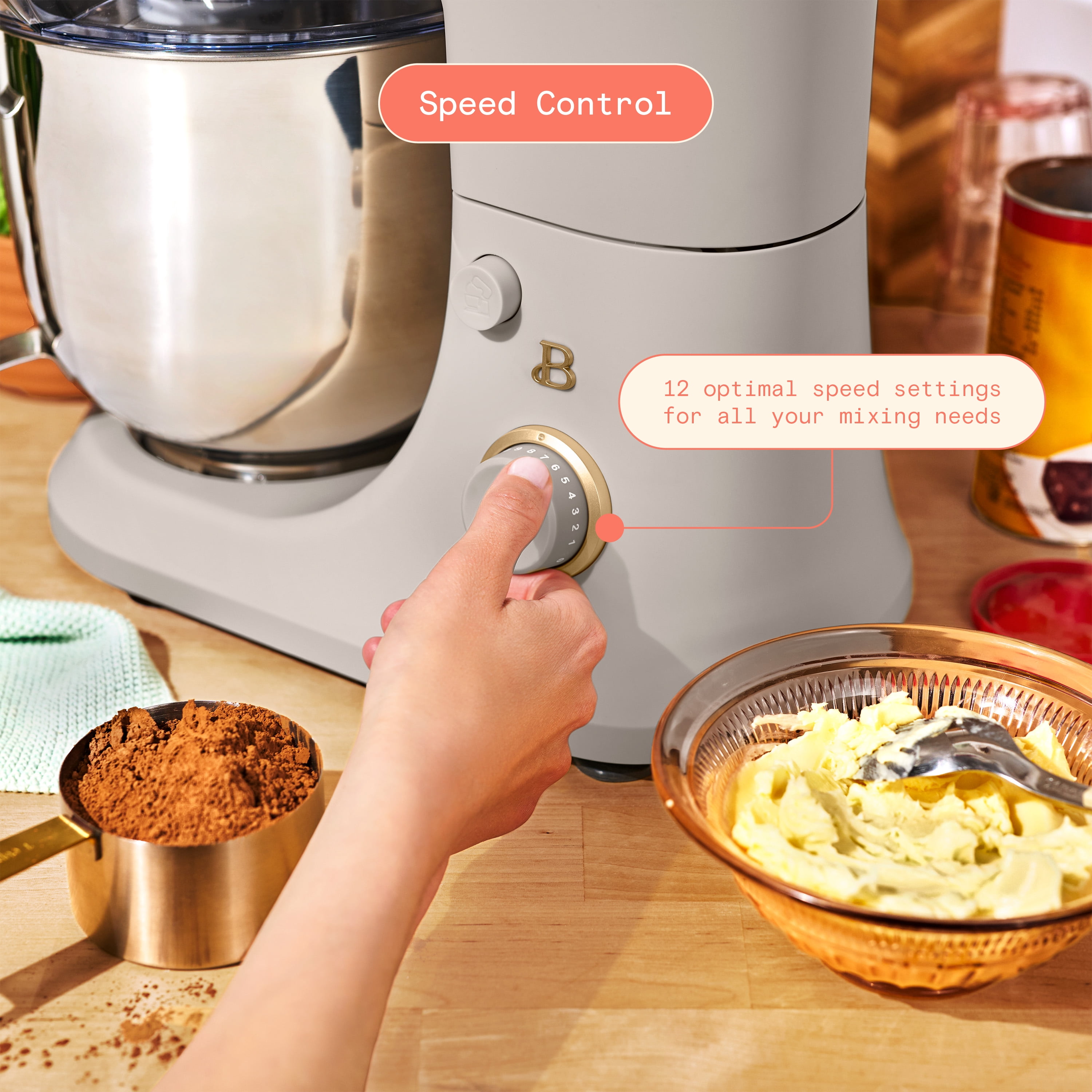 Beautiful 6 Qt Tilt-Head Stand Mixer with Dough Hook, Flat Beater, Balloon Whisk, Pastry Beater & Slicer/Shredder Set, Porcini Taupe by Drew Barrymore