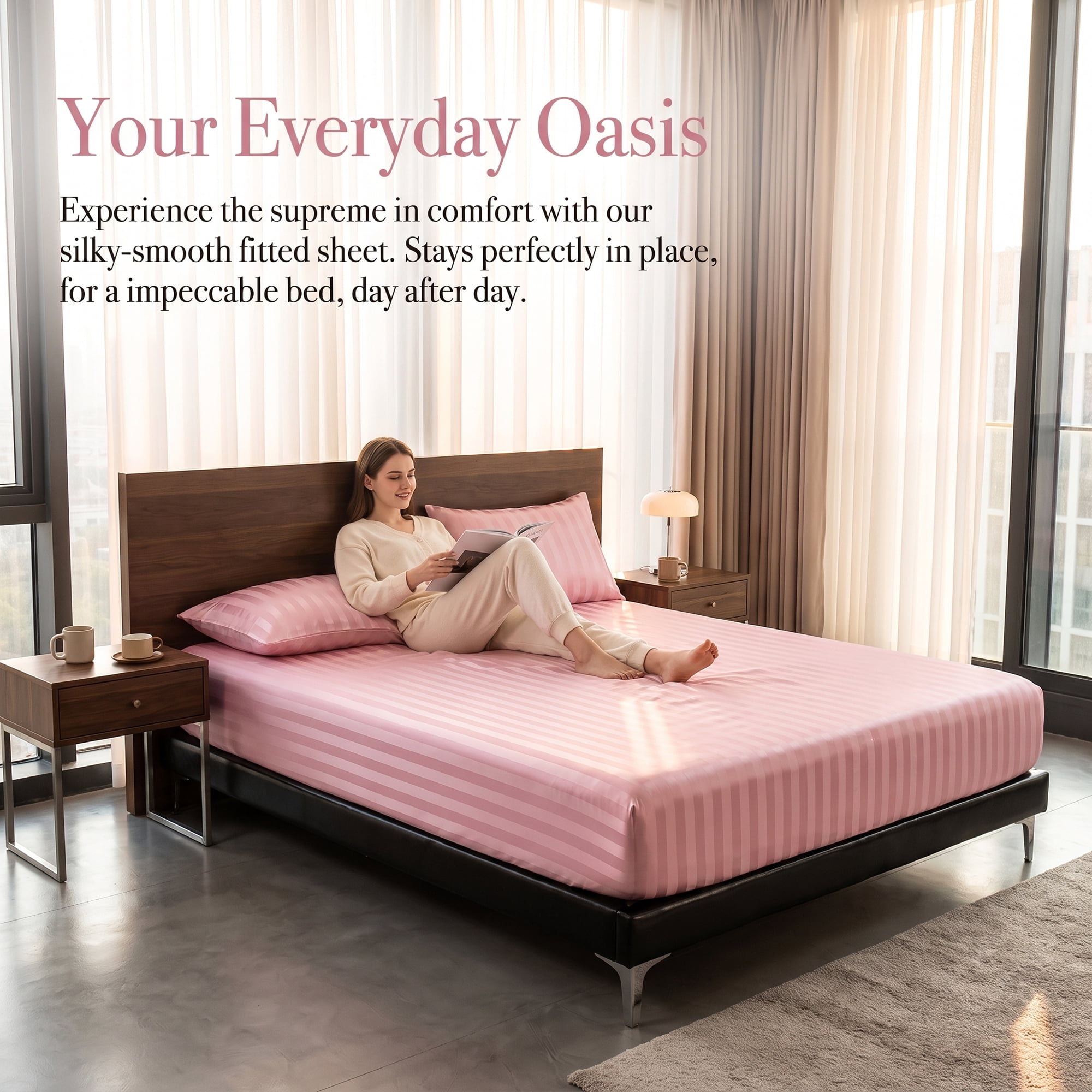 Unique Bargains Fitted Polyester Satin Strip Bed Sheets Wear Resistant 53.9"x74.8" Pink