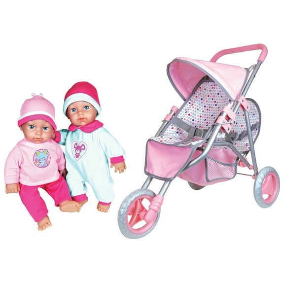 Lissi: 11" Twin Baby Dolls & Jogger Set - Pink & Blue Animal Outfits - 2 Seat Foldable Stroller, Storage Basket, Lightweight, Roleplay Toy, Kids 3 