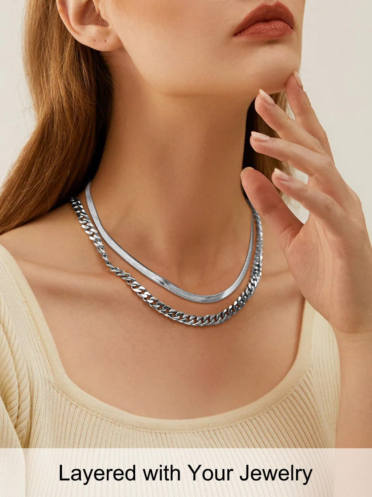 FOCALOOK Flat Snake Chain for Women Stainless Steel Silver Herringbone Choker Necklace Jewelry Birthday Christmas Mother's Day Gifts 5MM 15 Inches