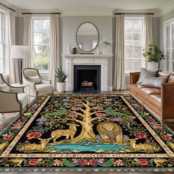 Boho Colorful Flowers 5'x7' Area Rug, Modern Abstract Farmhouse Trees Forest Washable Non-Slip Soft Rugs, Low-Pile Large Carpet for Living Room Bedroom Dining Room, Non-Shedding Accent Rug