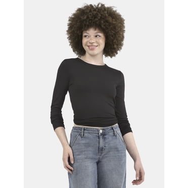No Boundaries Ribbed Crewneck Tee with Long Sleeves, 1 or 2-Pack, Women's & Women's Plus XXS-XXL