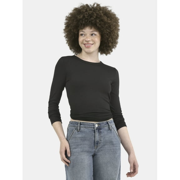 No Boundaries Ribbed Crewneck Tee with Long Sleeves, 1 or 2-Pack, Women's & Women's Plus XXS-XXL