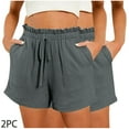 thumbnail image 2 of CheerKidz Fashion Short Pants for Women Solid Color Bandage Elastic Waist High Waisted Casual Summer Pull On Loose Fit Beach Vacation Shorts with Pockets(Gray,S), 2 of 5