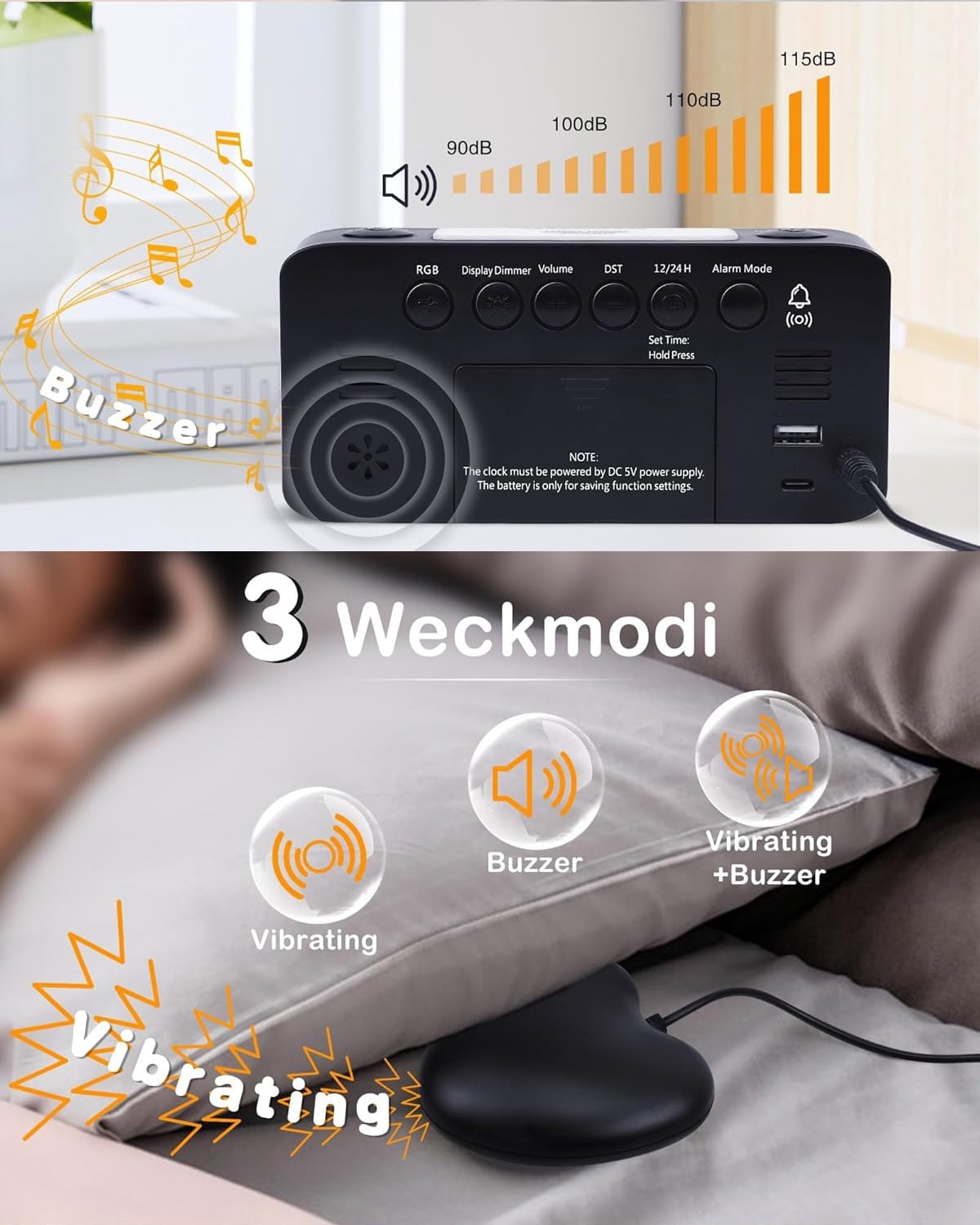 Annvch Extra Loud RGB Alarm Clock for Heavy Sleeper Hearing Impaired Deaf Bedroom, Rainbow Vibrating Dual Alarm with Bed Shaker,7-Color Night Light,USB Charger,Power-Off Memory
