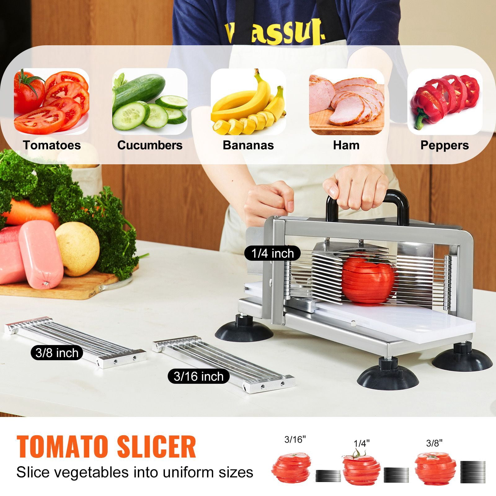 Manual Tomato Slicer with Interchangeable 1/4", 3/8", 3/16" Blades, 420J1 Steel, Suction Feet, for Commercial Kitchen