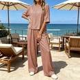 thumbnail image 5 of Bosfbaoi Plus Size Two Piece Sets for Women Crew Neck Elbow Sleeve Linen Look Top and Elastic Waist Wide Leg Pants Casual Womens Summer Outfits, 5 of 6