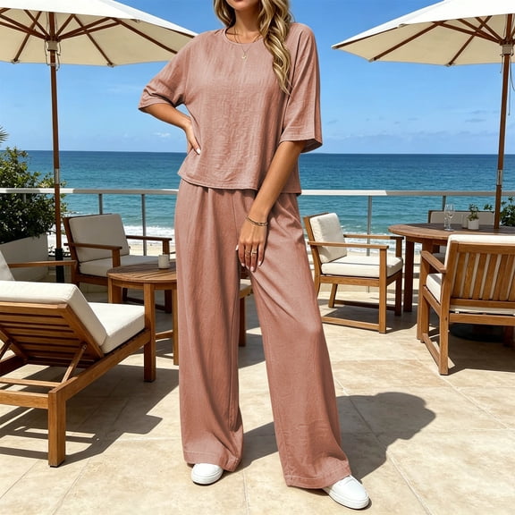 LEKWK Linen Sets for Women 2 Piece Short Sleeve Crewneck Summer Top and Loose Fit Wide Leg Pants Fashion Solid Lounge Beach Vacation Sets