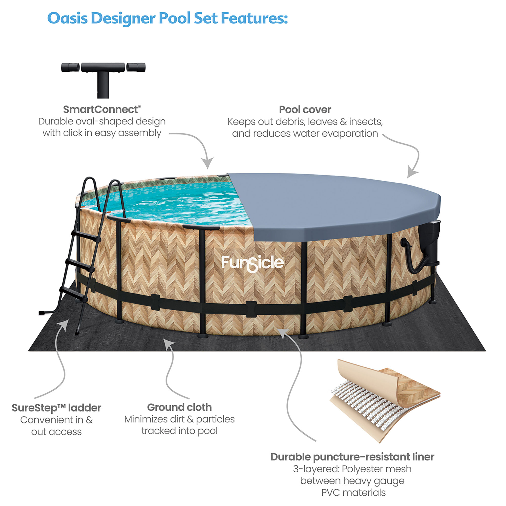 Funsicle 14' x 42" Oasis Round Pool with 14' Debris Cover, Oak Herringbone