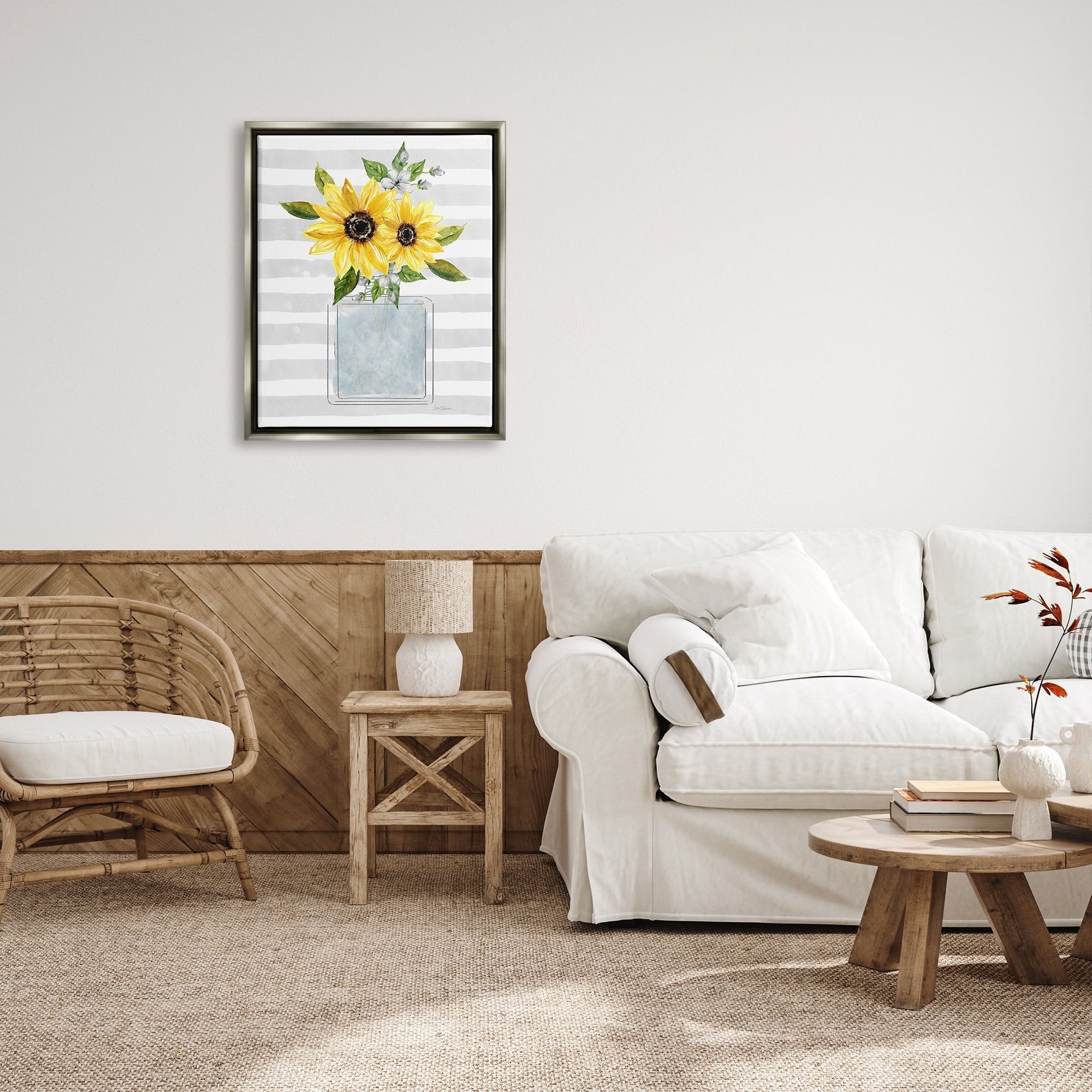 Stupell Industries Flower Blossoms Perfume Bottle Vase Casual Stripes Graphic Art Luster Gray Floating Framed Canvas Print Wall Art, Design by Carol Robinson