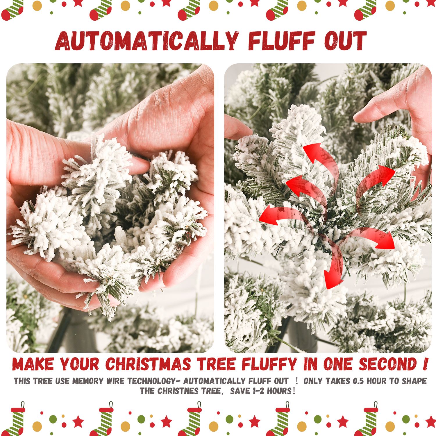 Alvantor 7FT Flocked Christmas Tree Full-Body Holiday Tree with 450 LED Lights & 1060 Tips for Indoor Holiday Decoration White