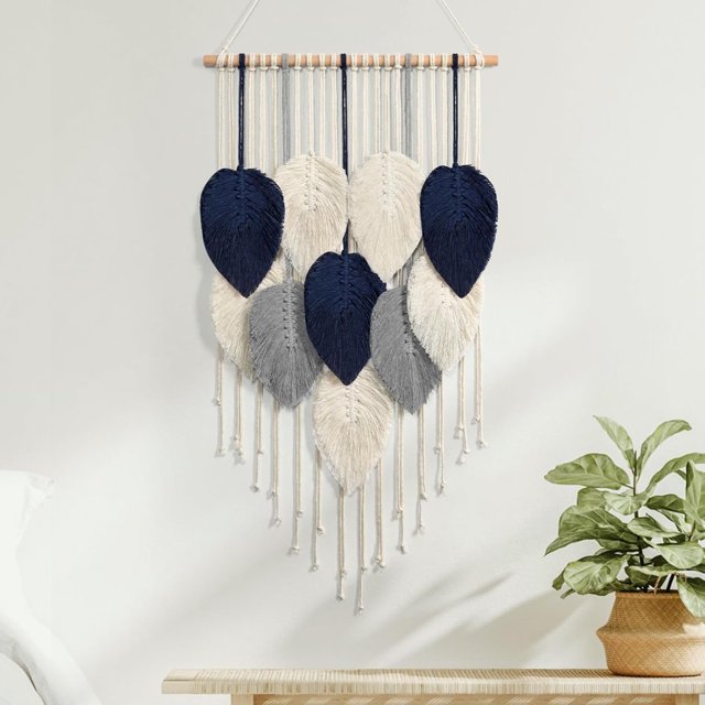 Tapiz de pared de macramé con hojas tejidas, estilo bohemio, elegante, con plumas, grande, hecho a mano, para dormitorio, sala de estar, apartamento, adorno de 16,5 x 29,5 pulgadas