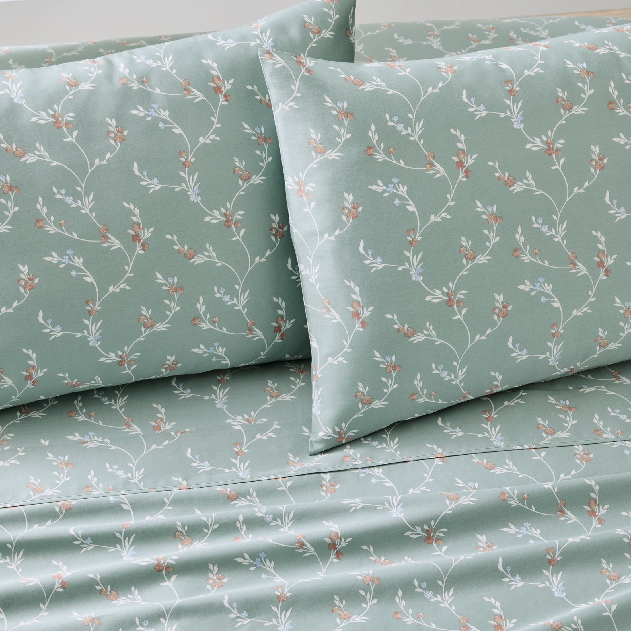 Better Homes & Gardens 4-Piece 300 Thread Count Lysia Floral Green River Cotton Sateen Bed Sheet Set, Full