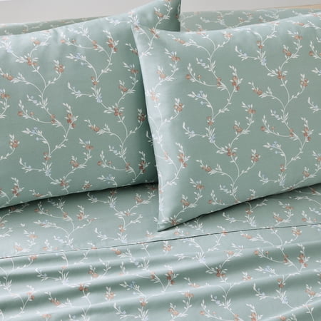 BETTER HOMES & GARDENS 4-PIECE 300 THREAD COUNT LYSIA FLORAL GREEN RIVER COTTON SATEEN BED SHEET SET, QUEEN