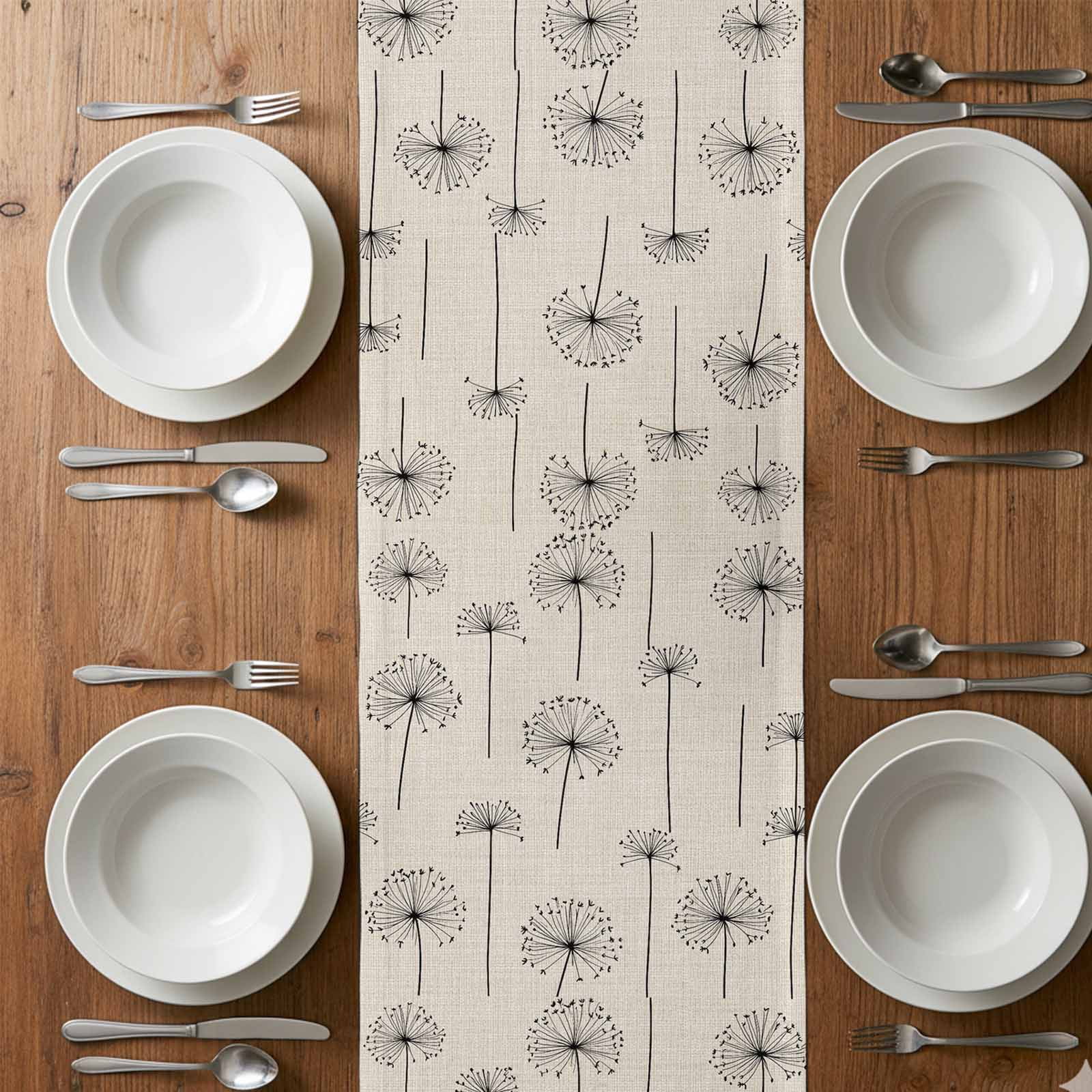 Spring Dandelion Cotton Linen Table Runner Vintage Abstract Black Dandelion Wildflower Linen Dining Table Runners for Home Decor Party Dining Room Restaurant Kitchen 13" x 120"